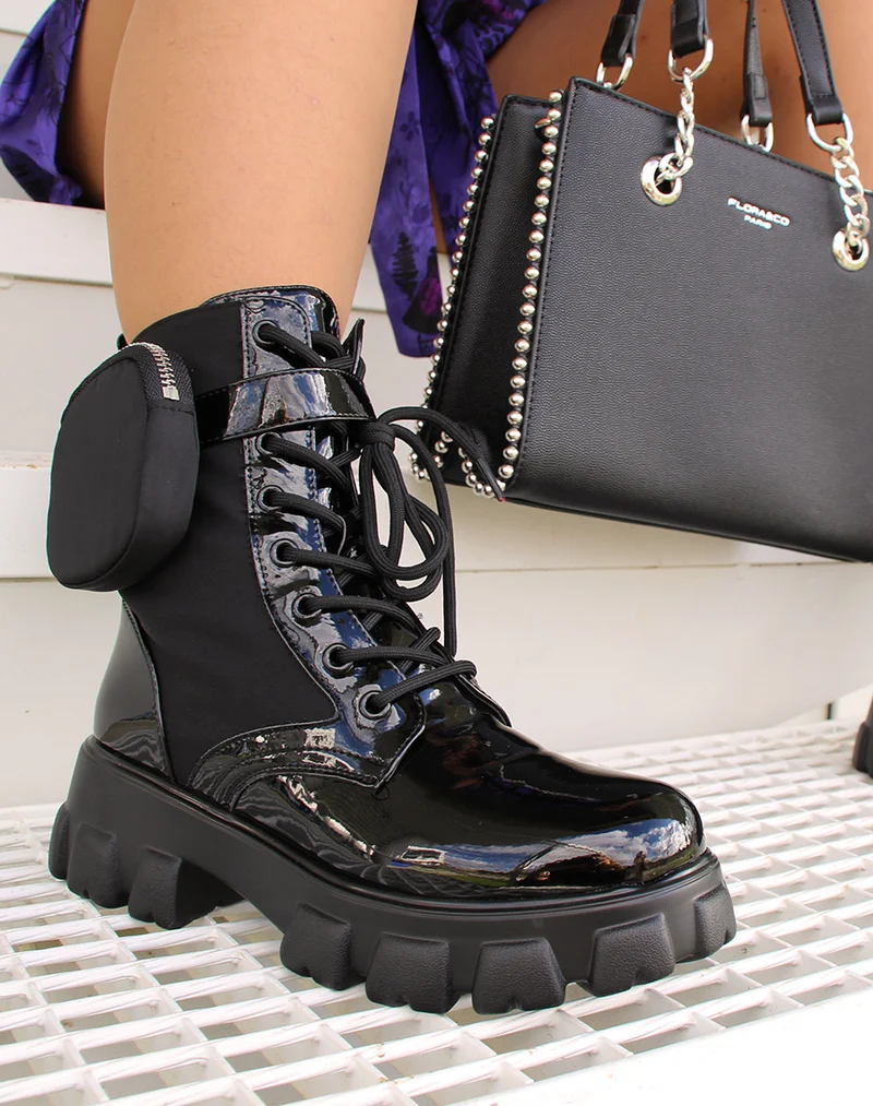 Bottines bi-matière noires semelles crantées à pochette