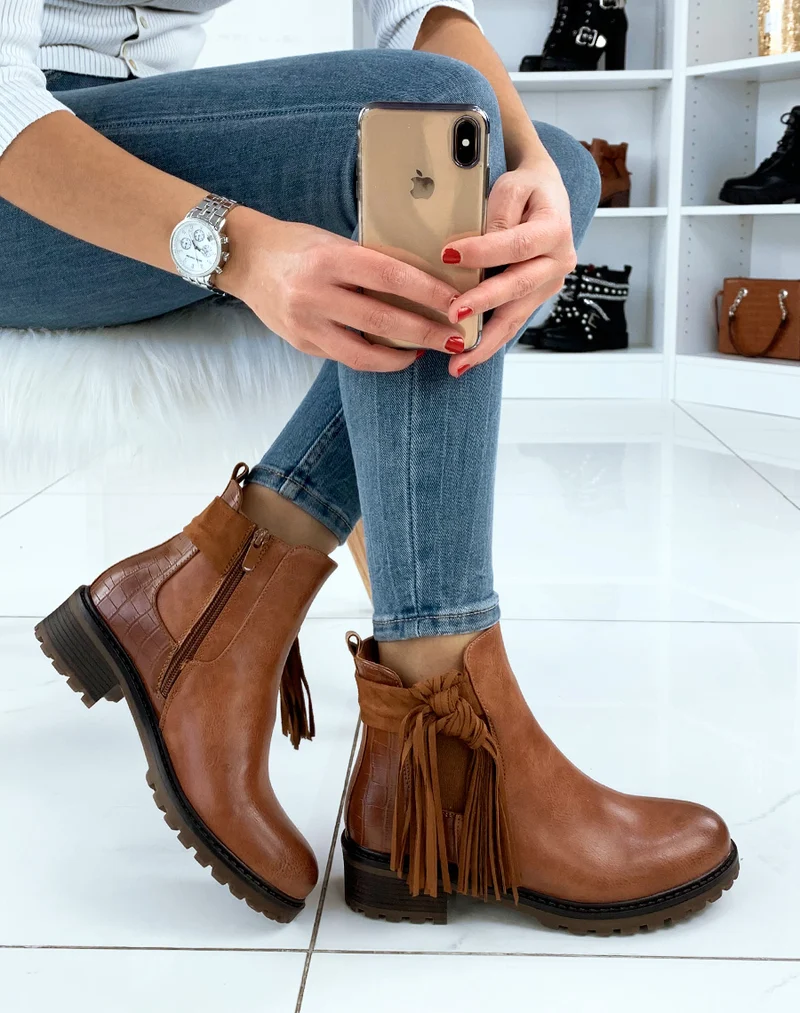 Chelsea boots camel bi-matière à frange