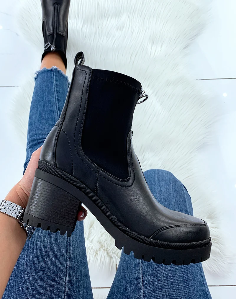 Bottines noires à talon mi-haut à zip