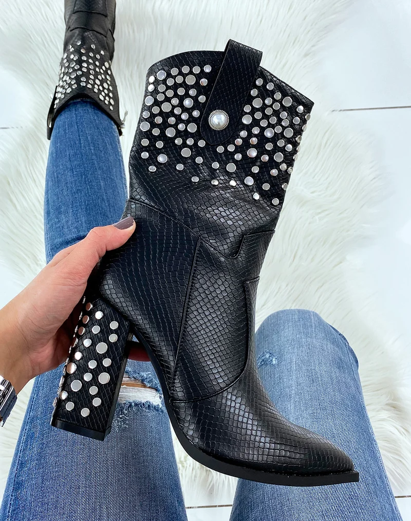 Bottines hautes effet croco noir à talon