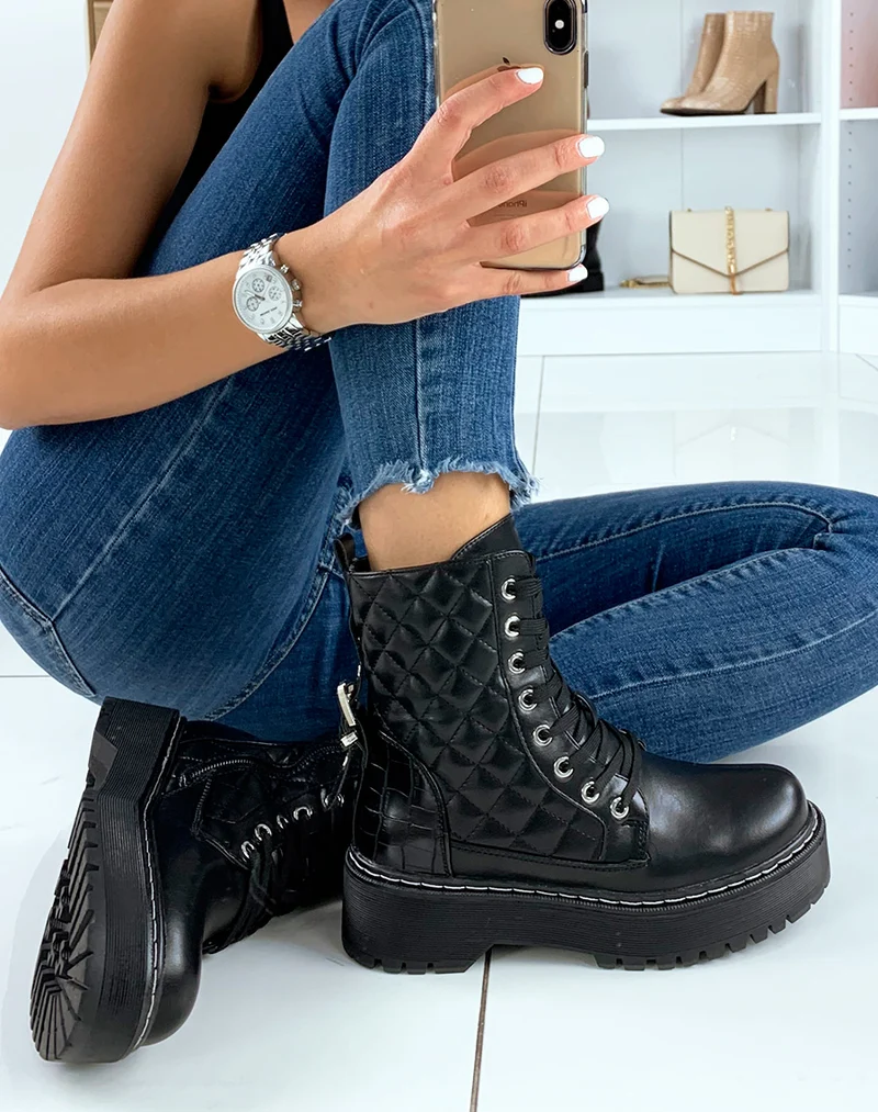 Bottines noires matelassées à grosse plateforme