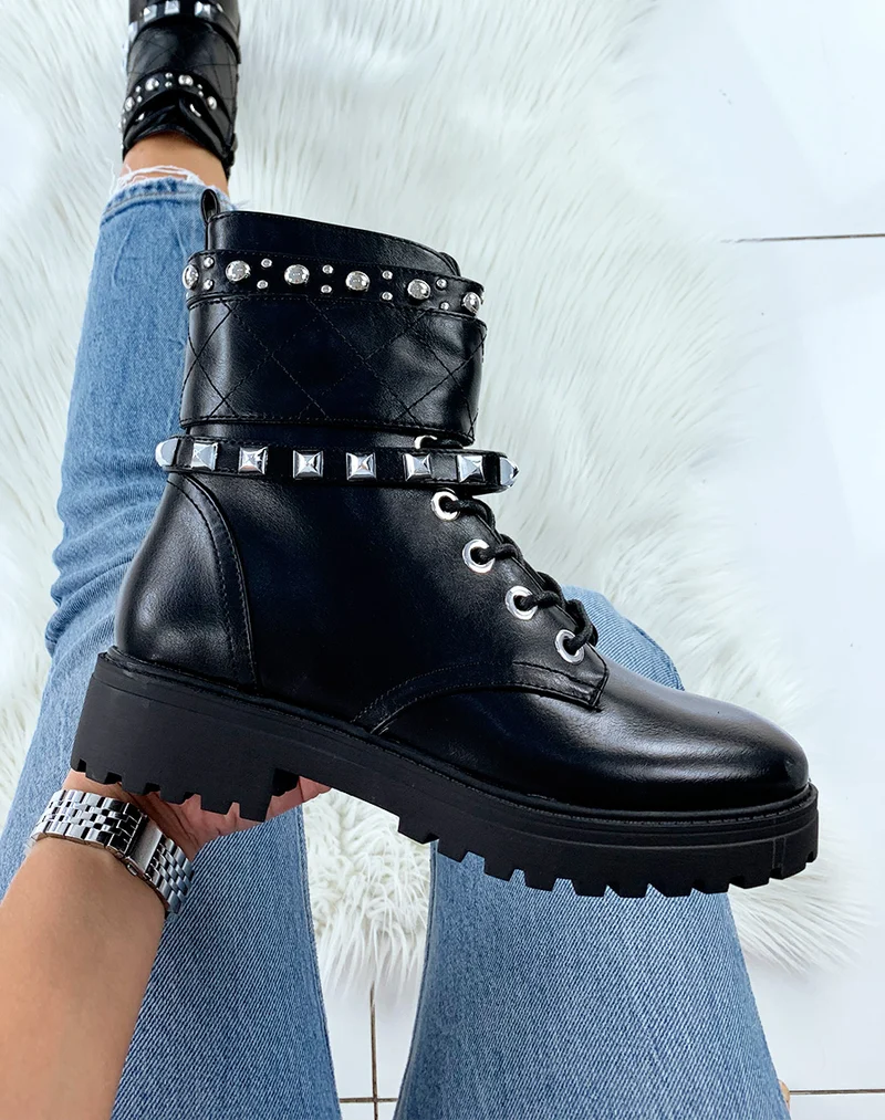Bottines montantes noires à multiples lanières
