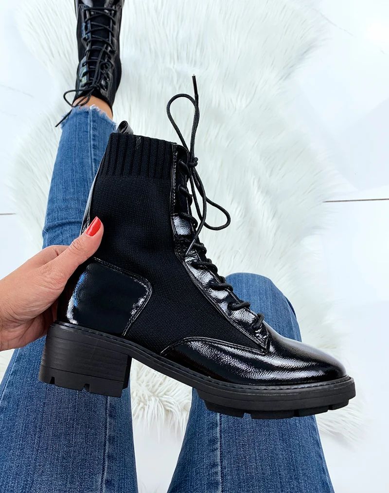 Bottines hautes vernies noires bi-matières