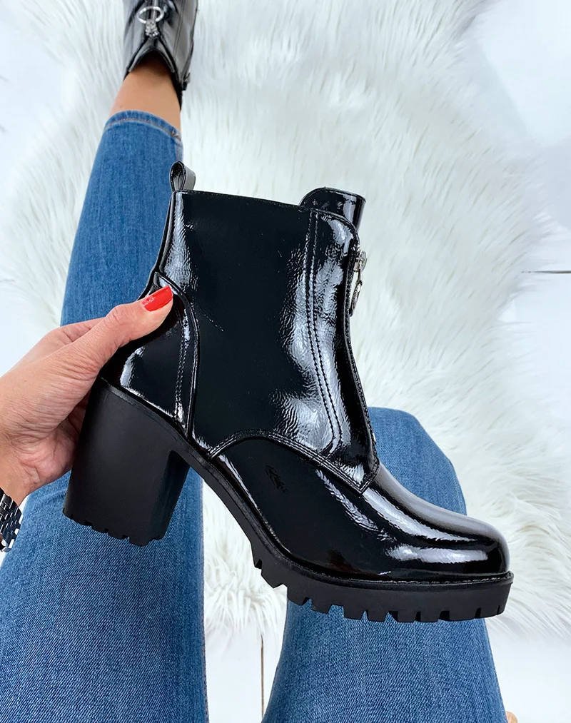 Bottines vernies noires à talon mi-haut