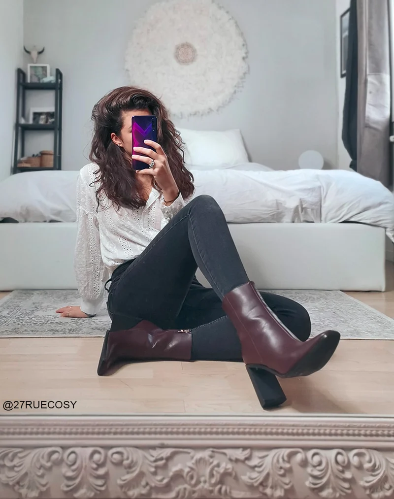 Bottines à talons bordeaux à bout carré