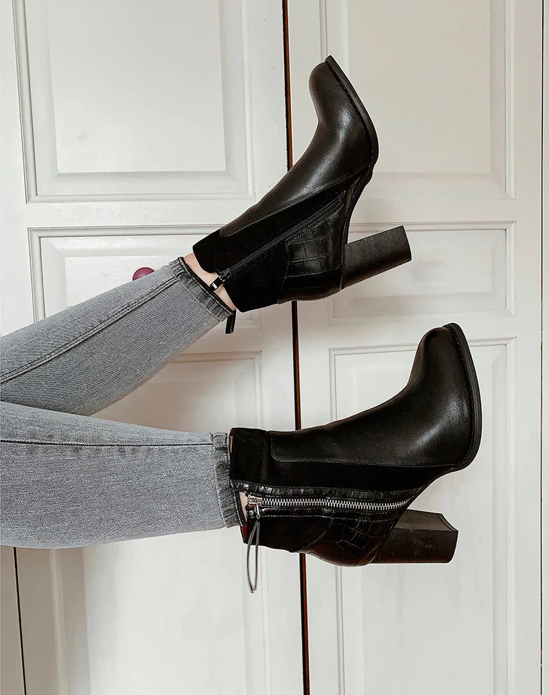 Bottines noires bi-matières à finition croco