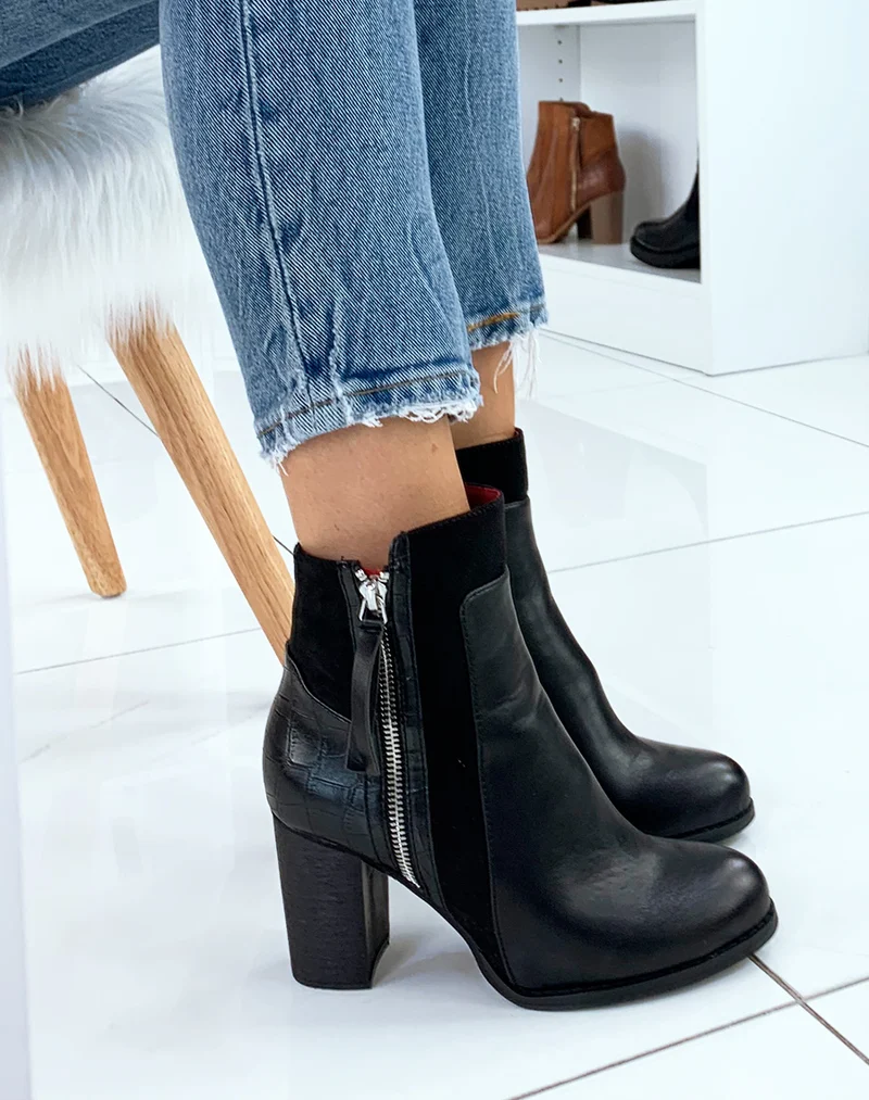 Bottines noires bi-matières à finition croco