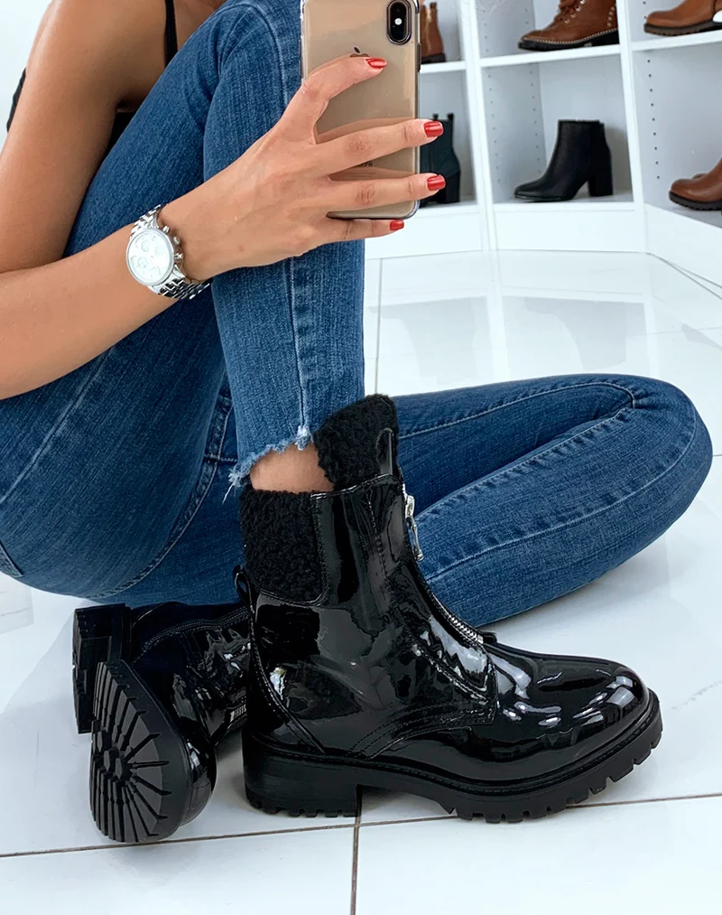 Bottines vernies noires montantes fourrées