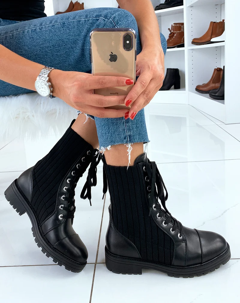 Bottines noires montante chaussette à lacet