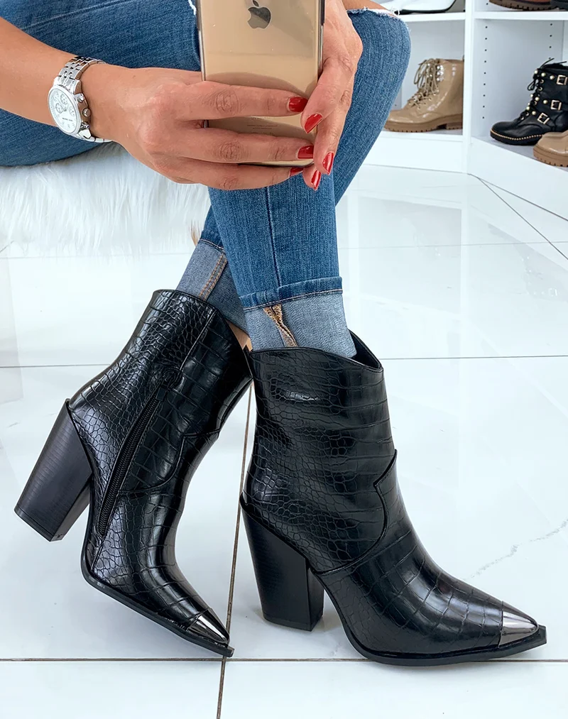 Santiags noires effet croco à bout pointu