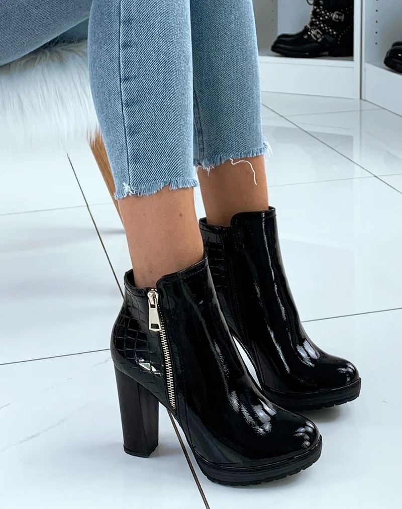 Bottines noir vernis effet croco à talon