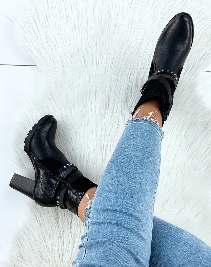 Bottines en bi-matières noires à talons et multiples lanières entrecroisées