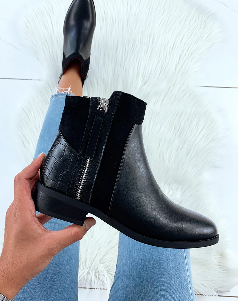 Bottines basses noires bi-matières et à fermetures argentées