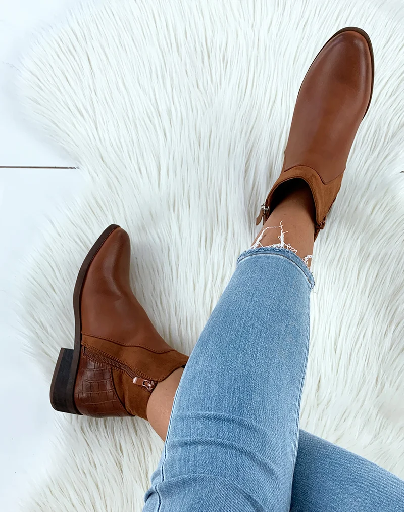 Bottines basses camel bi-matières et à fermetures argentées