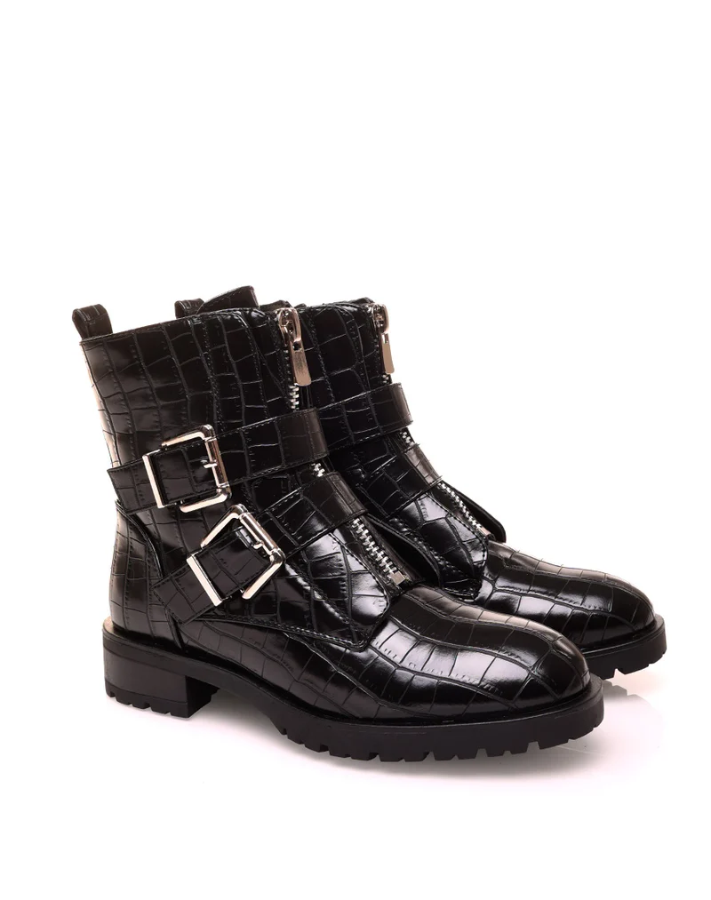 Bottine noire effet croco à sangles
