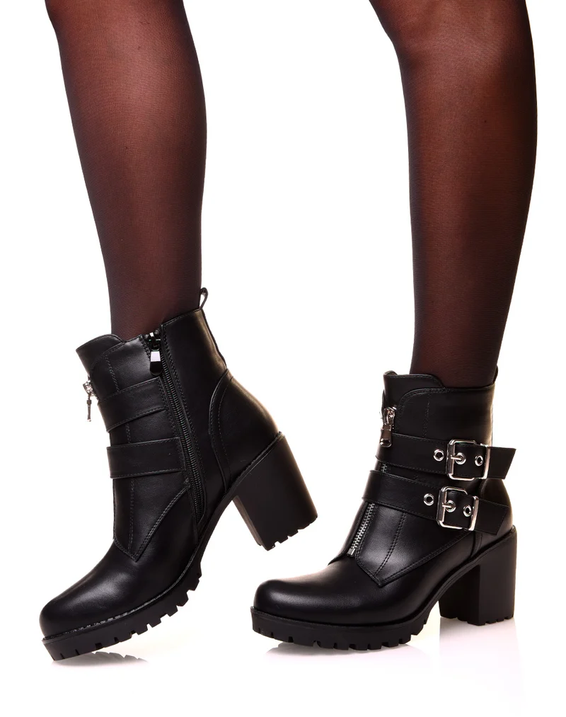 Bottines à talon épais noires à sangles zippées à l’avant