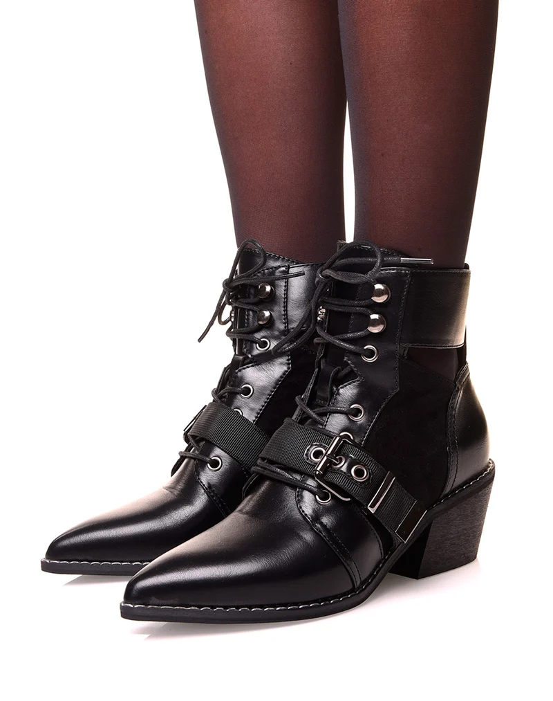 Santiags noires à lacets bi-matières