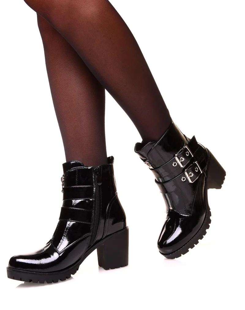 Bottines vernis noir à talon à multiples sangles