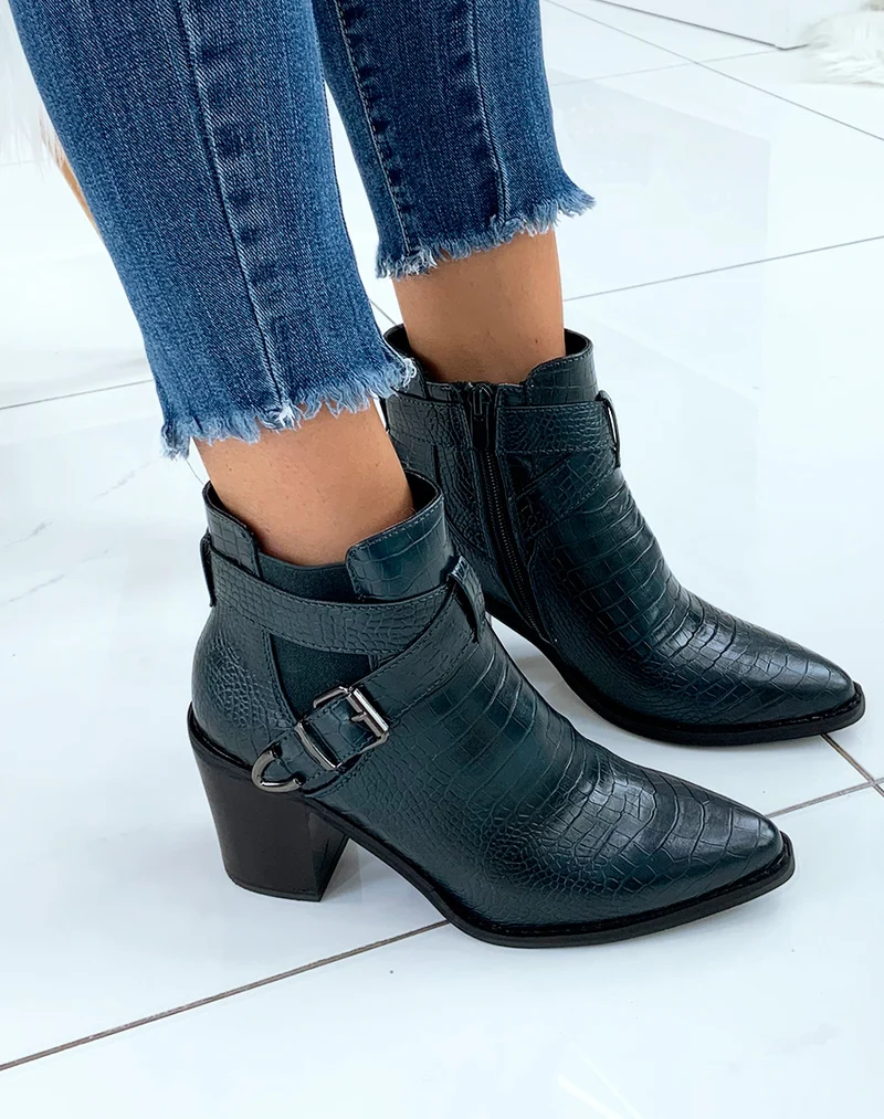 Bottines bleues à talons à effet croco et à doubles brides