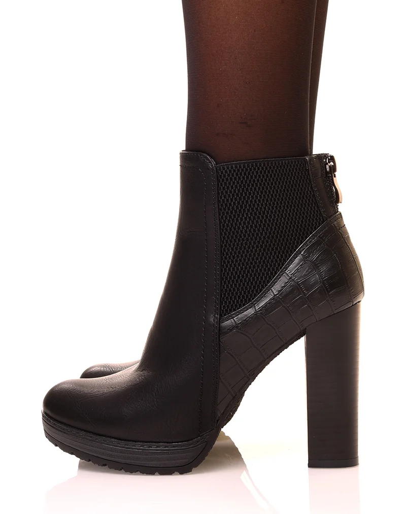 Bottines noires à talons hauts et effet croco
