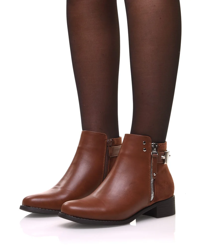 Bottines camel plates fermeture éclaire décorative