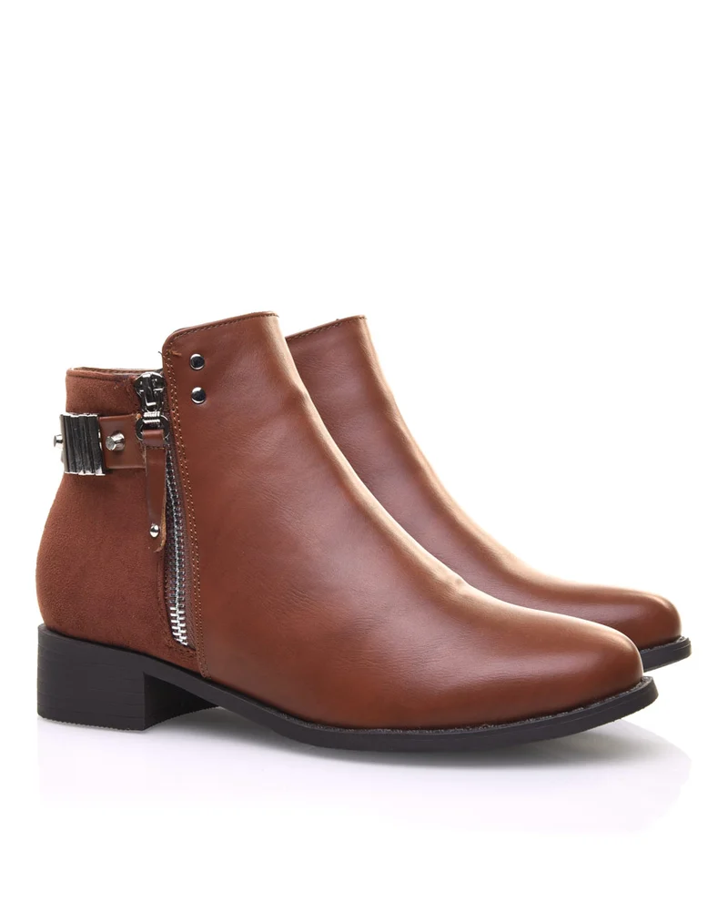 Bottines camel plates fermeture éclaire décorative