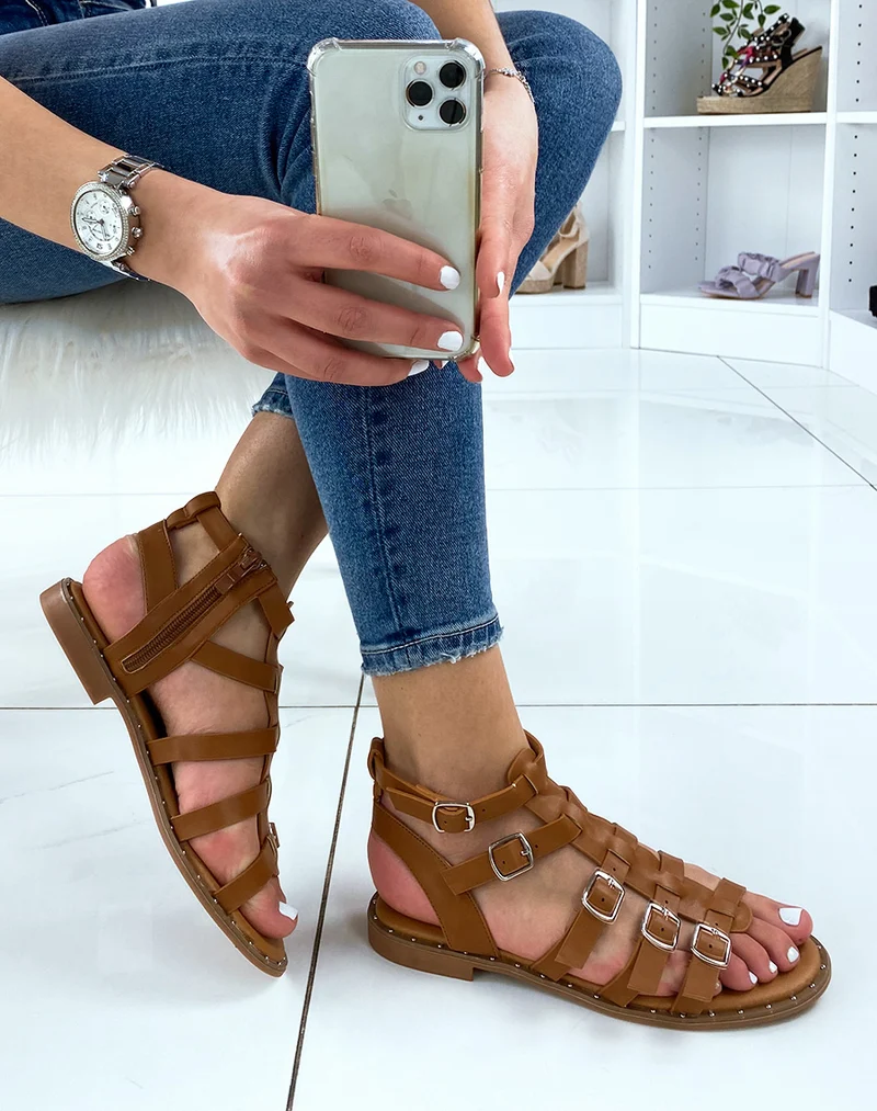 Nu-pieds camel style spartiate