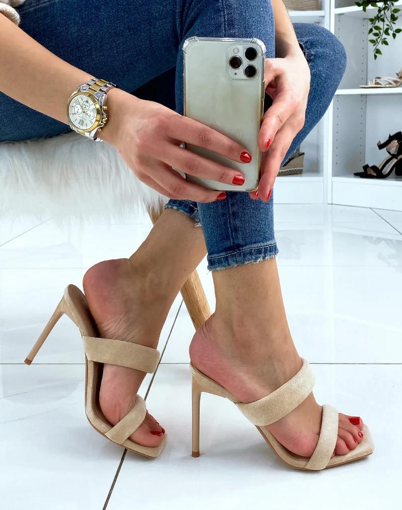 Mules en suédine double lanière à talon beige