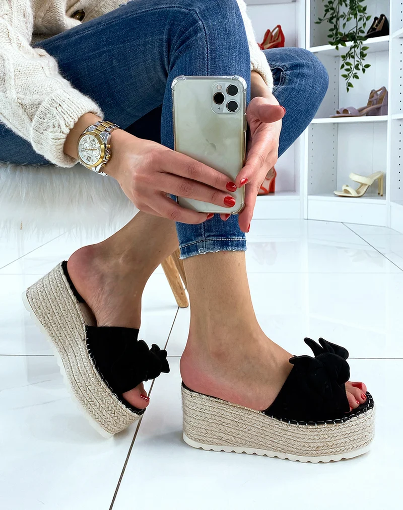 Mules compensées noires à noeud