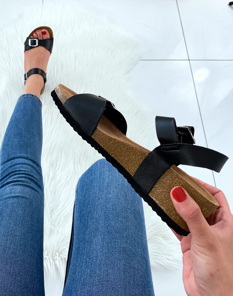 Sandales compensées à doubles brides noires