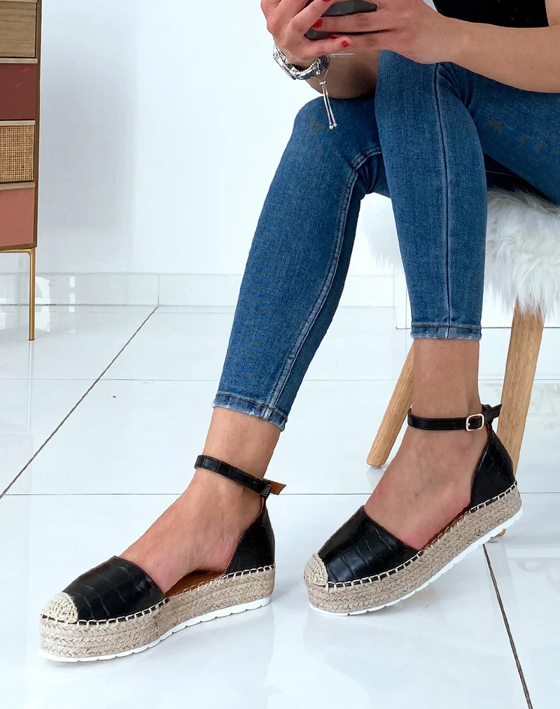 Espadrilles compensées noires effet croco