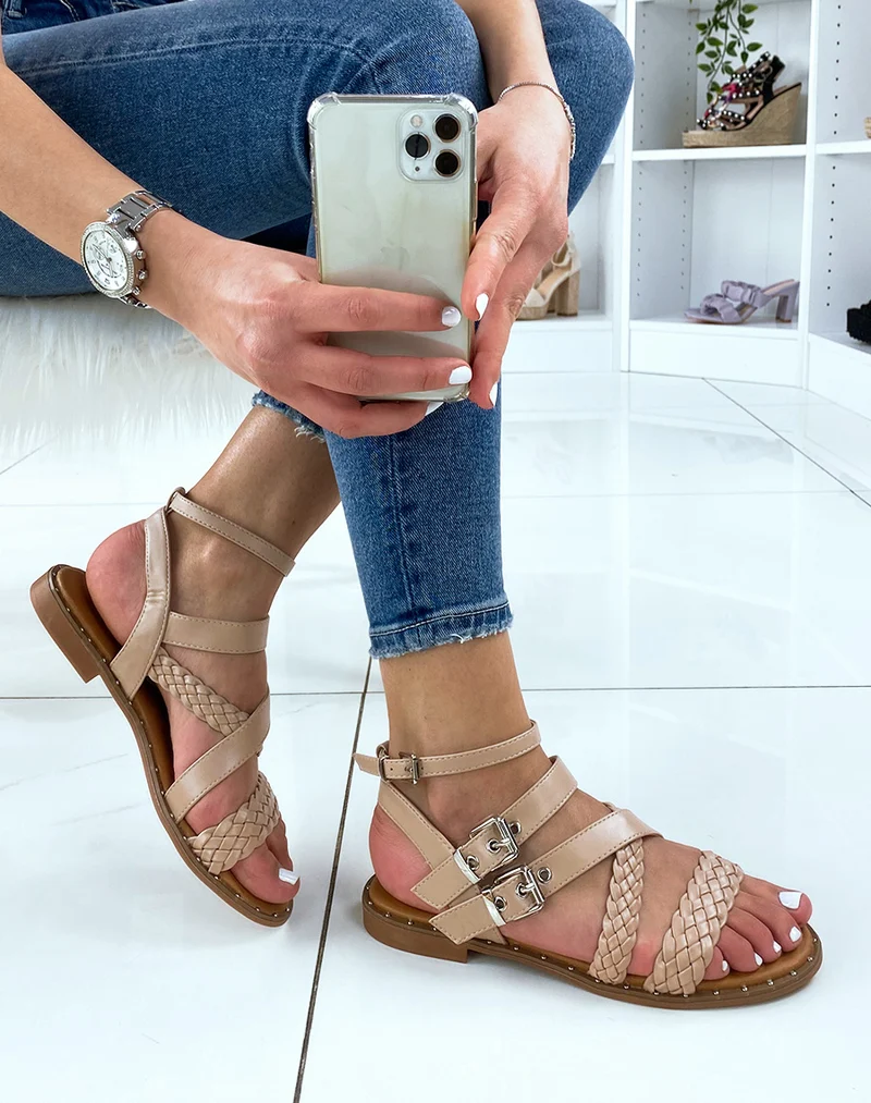 Nu-pieds beige à multiples brides tressées et lisses
