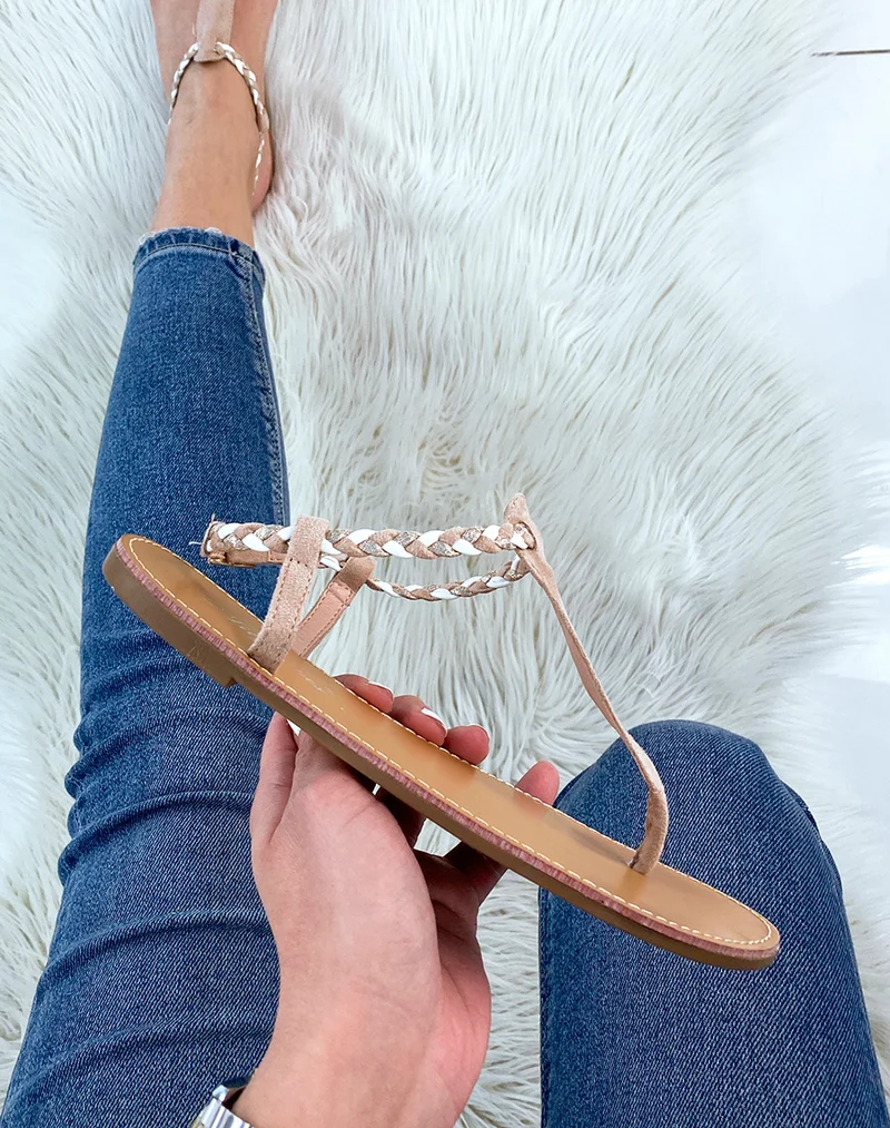 Nu-pieds en suédine beige à détail tressé