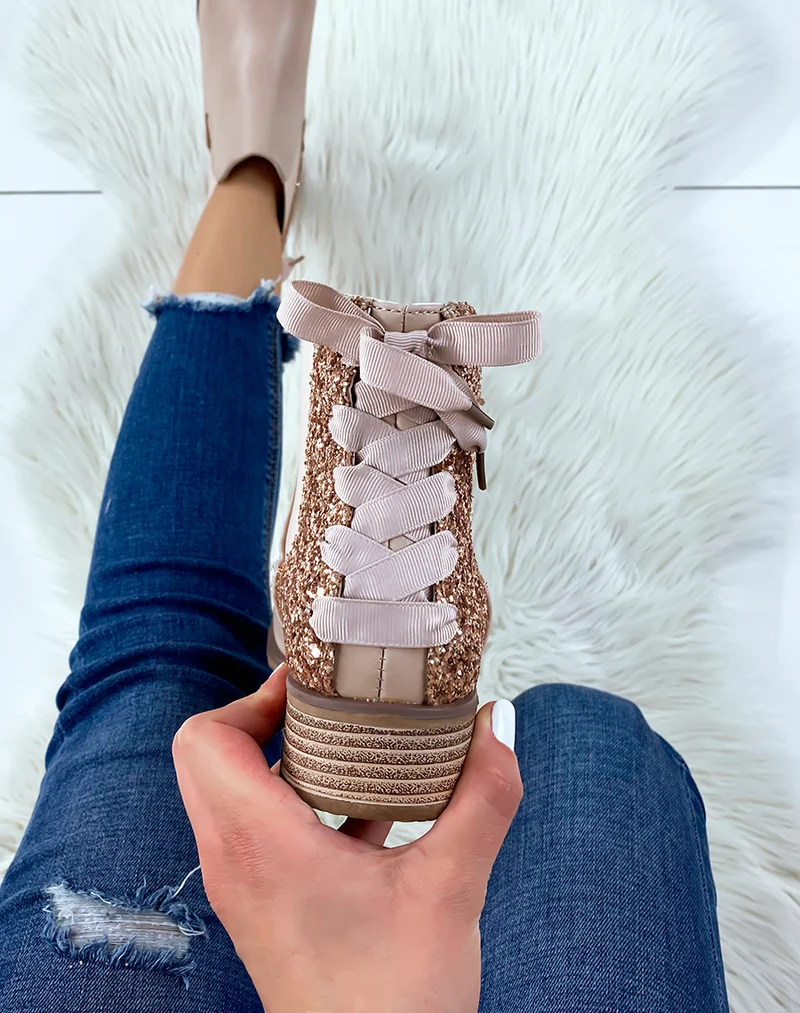 Chelsea boots rose poudré à paillettes avec nœud