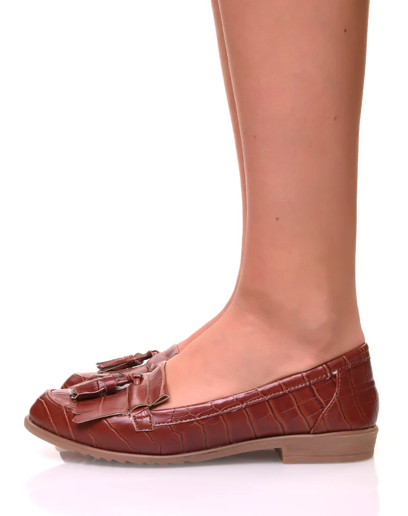 Mocassins à franges et pompons effet croco marron