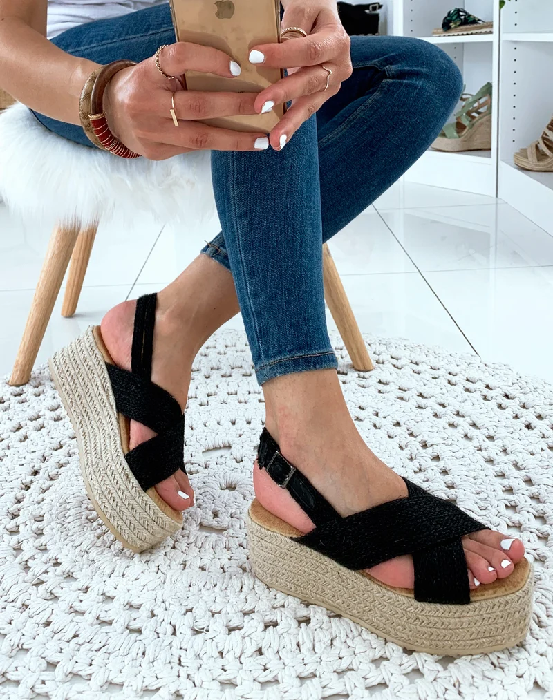 Espadrilles compensées en raphia noires