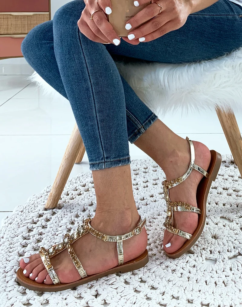 Nu-pieds dorée à pierres fantaisistes