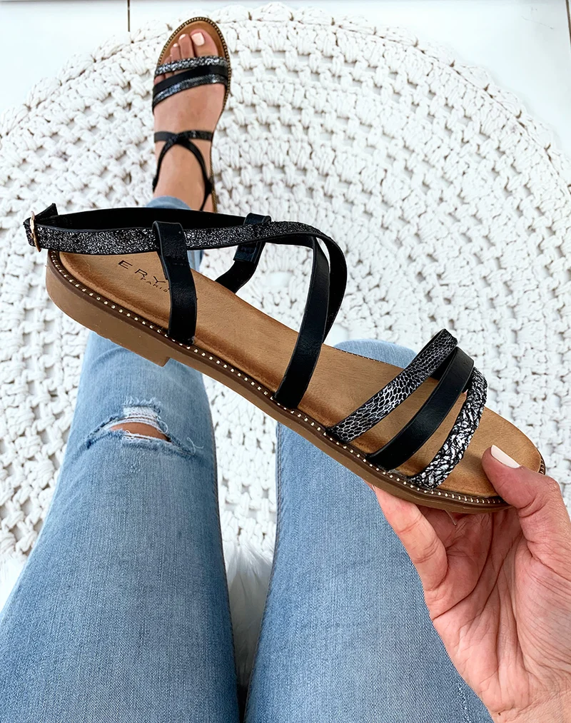 Nu-pied noir à brides imprimé peau de serpent