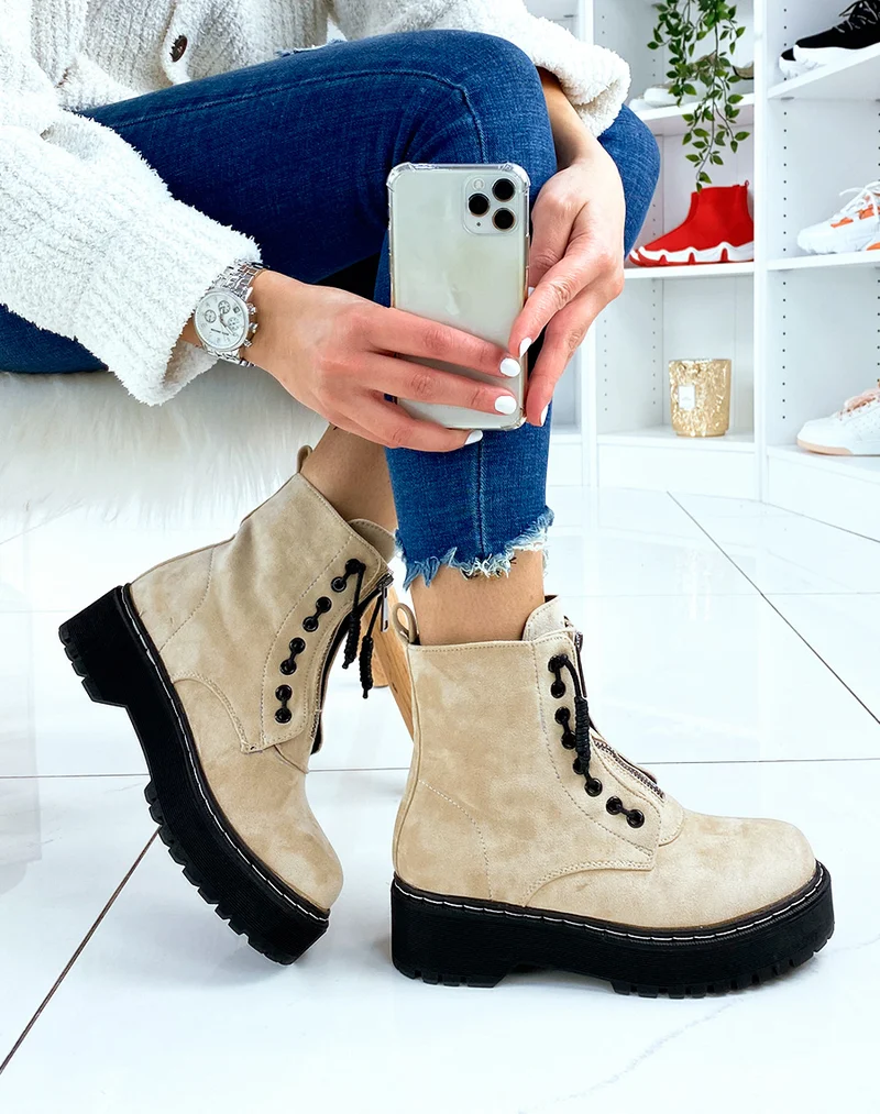 Bottines en suédine beige à zip