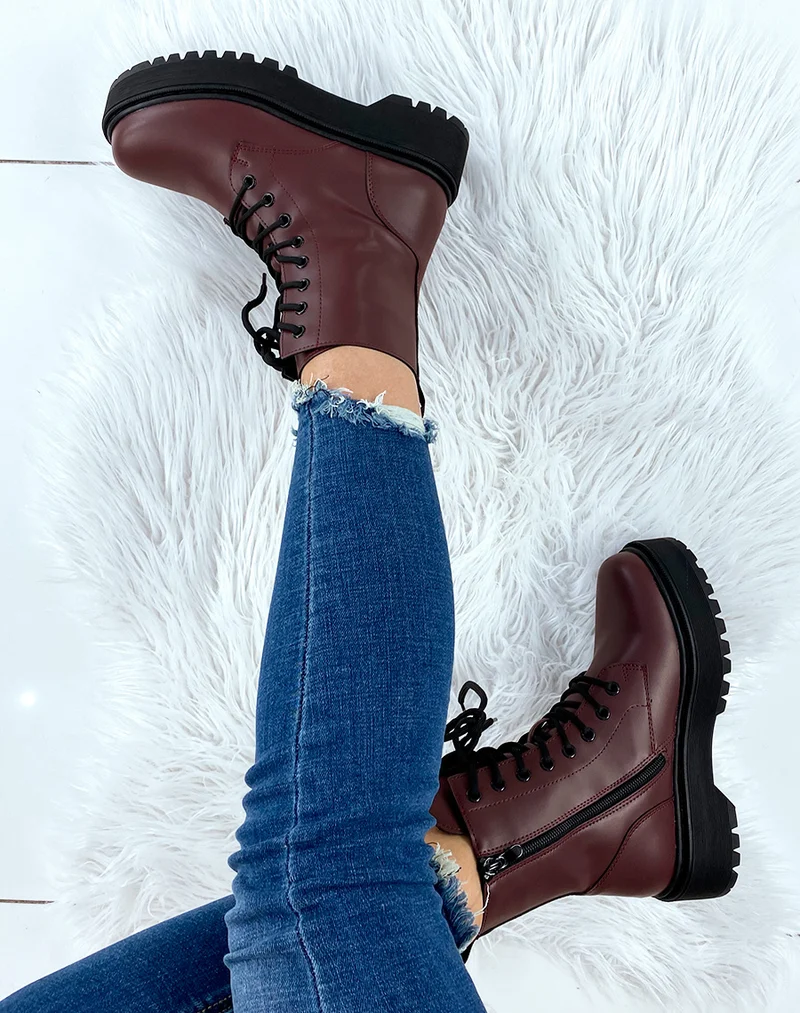 Bottines mat bordeaux à grosse plateforme
