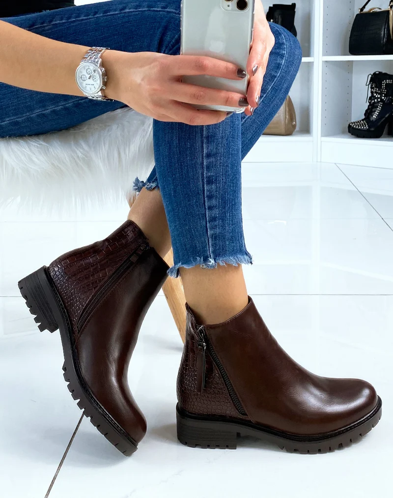 Bottines marron bi-matière effet croco