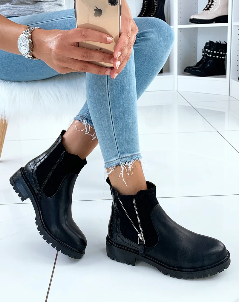 Bottines basses noires en bi-matières à détails fermetures argentées