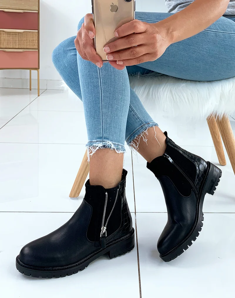 Bottines basses noires en bi-matières à détails fermetures argentées