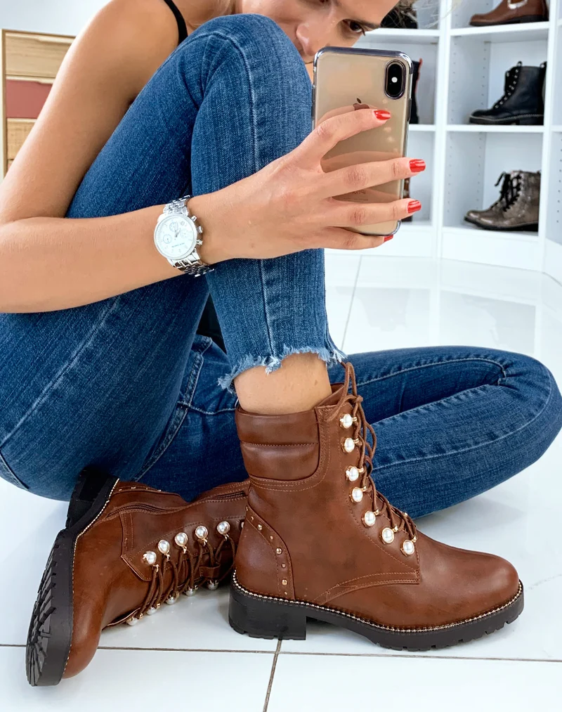 Bottines hautes camel à perles