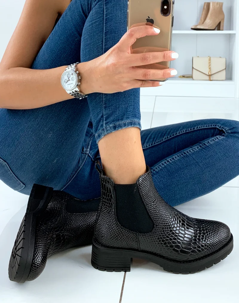 Chelsea boots noire effet croco vernie