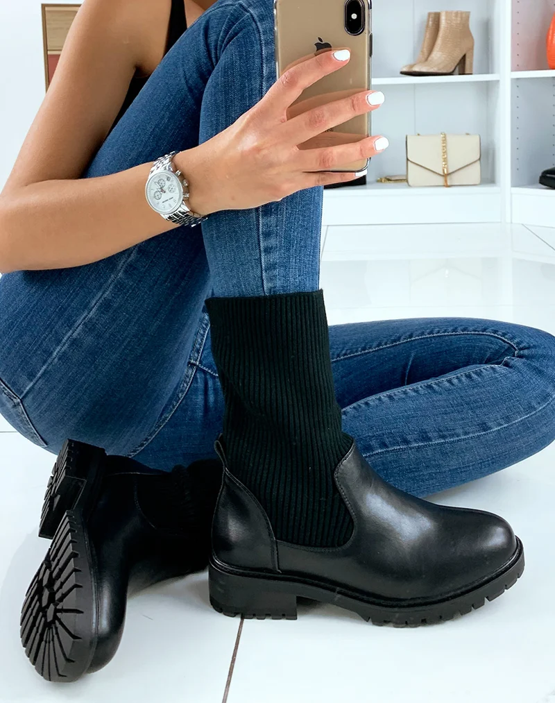 Bottines hautes noires effet chaussette