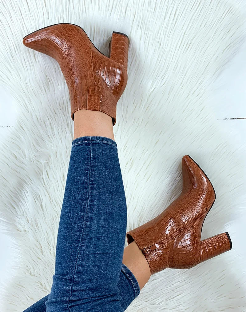 Bottines à talon effet croco camel à bout pointu