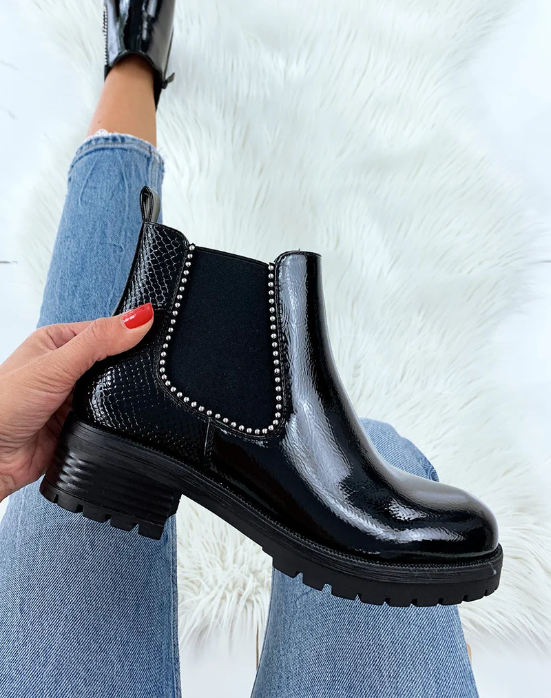 Bottines vernies noires lisse et effet croco à clou