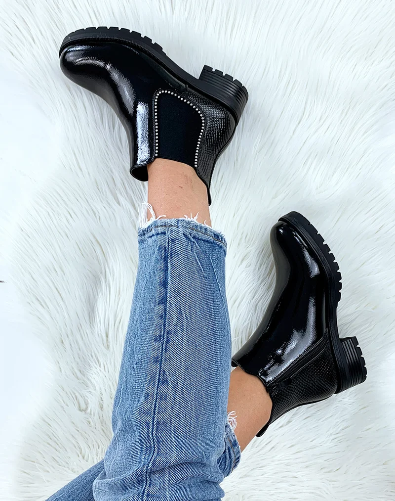 Bottines vernies noires lisse et effet croco à clou