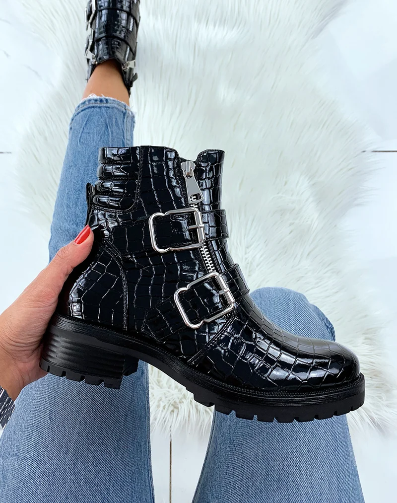 Bottines montantes vernies noires croco avec deux boucles